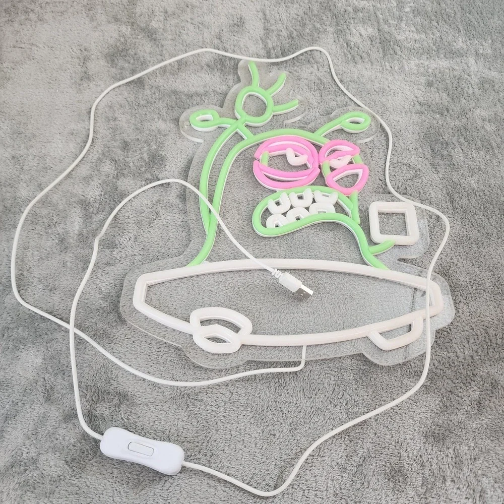 Custom LED‎ Neon Alien UFO Cartoon Sign Pink Green White Wall Art Light Deco